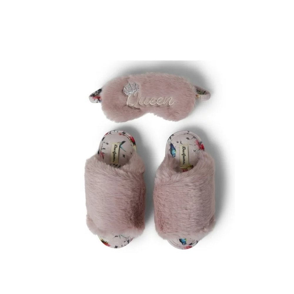 Dearfoams Women's Louise Furry Cross Band Slide Slippers & Queen Sleep Eye Mask